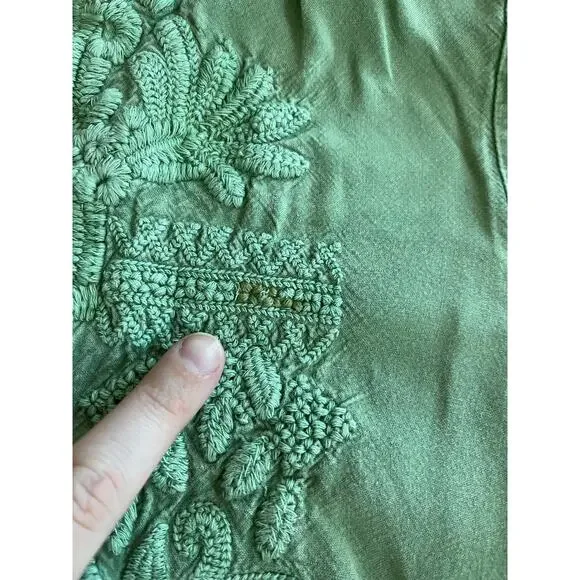 Solitare Button Top Medium Floral Embroidery V-Neck Roll Tab Green Boho Fairy - Picture 4 of 16